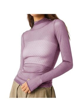 Purple Sheer Mesh Fitted Long Sleeve Tee Shirt